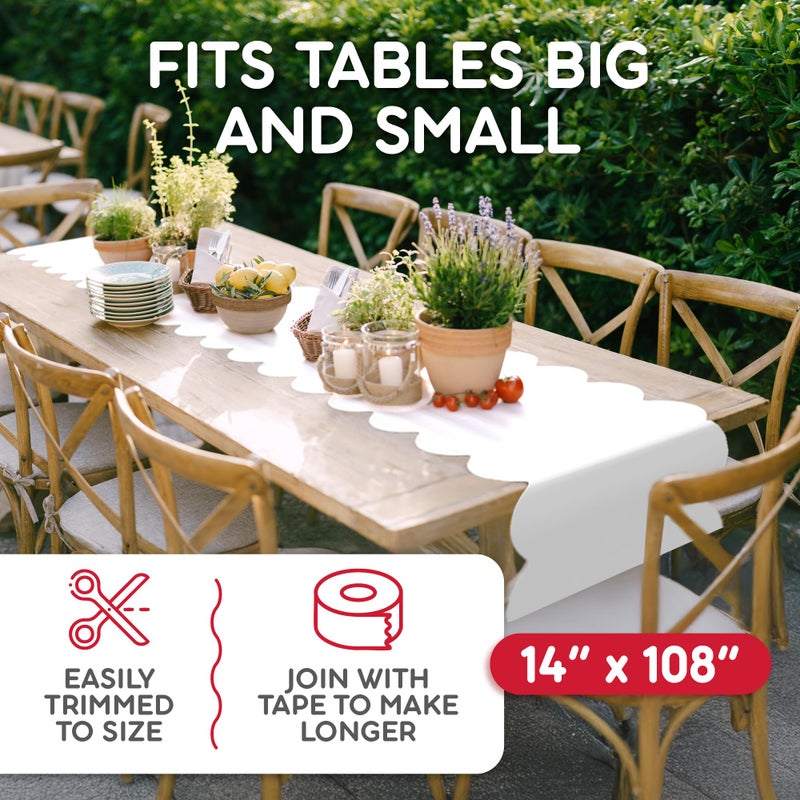 Swanoo White Plastic Disposable Table Runner. 5 Pack 14 x 108 inch. Scallop Table Runner Adds A Pop of Color to Your Party Table, by Swanoo - Image 4